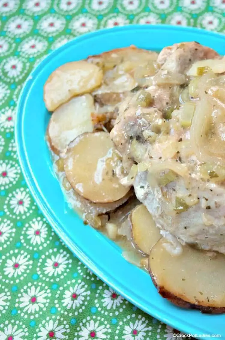 Crock-Pot Pork Loin Roast with Potatoes served in a blue plate on a table