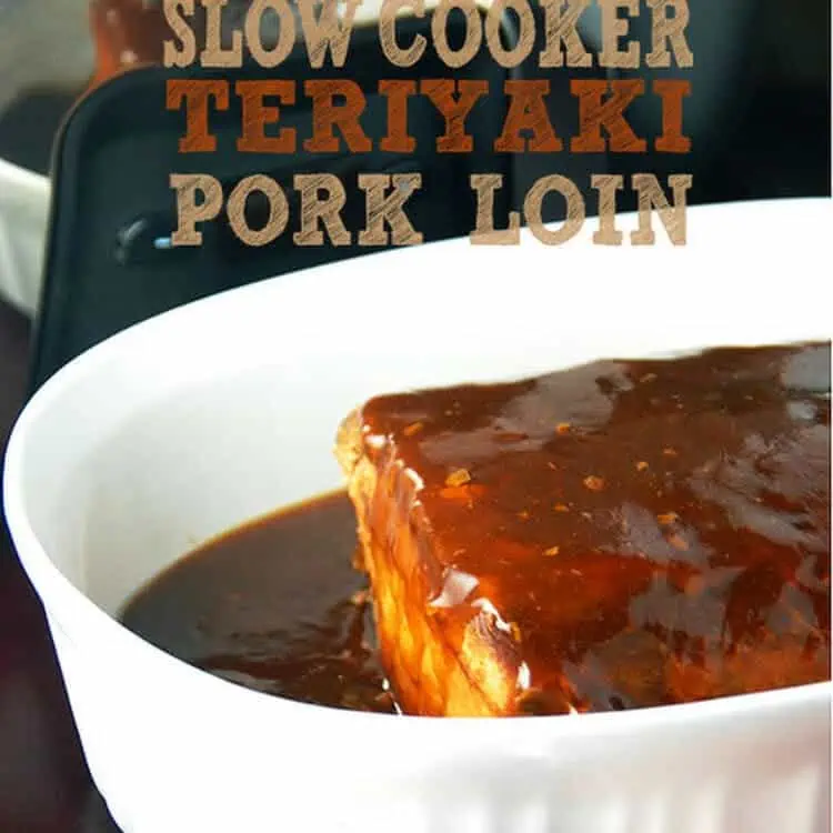 Slow Cooker Teriyaki Pork Loin in white tray