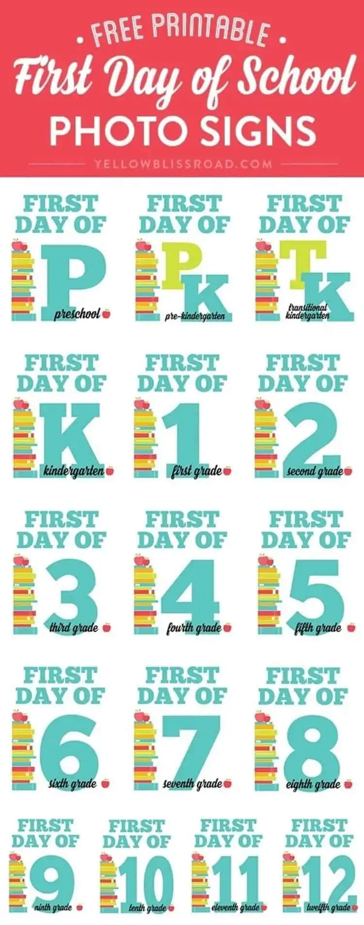 Free printable first day of school photo signs