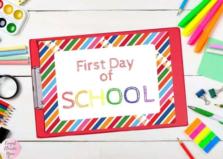 First day of school printable sign with colorful pencils