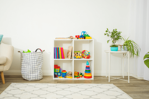 organized toys in cubby