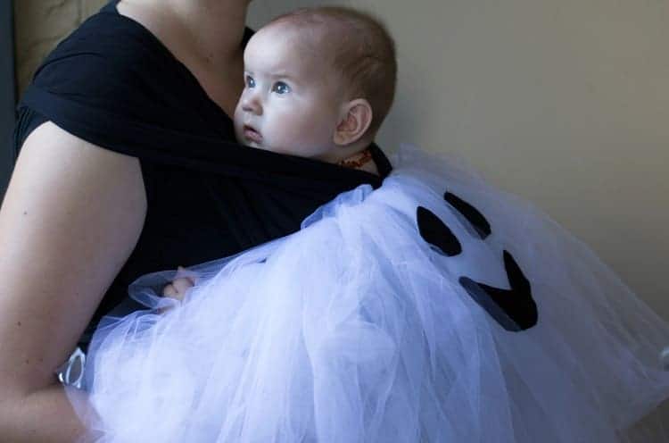 babywearing friendly ghost DIY Halloween costume for mom and baby