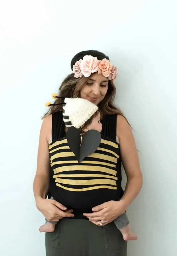 DIY Baby Bumble Bee Costume mom wearing a flower headband