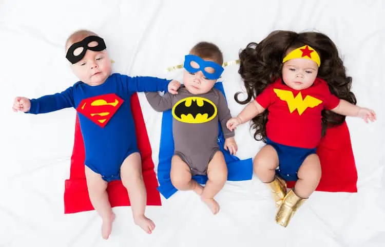 superheroes costumes for babies Superman, Batman and Wonderwoman