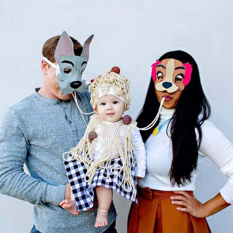 The Lady and The Tramp and The Famous Spaghetti Bowl mom dad and baby halloween costumes