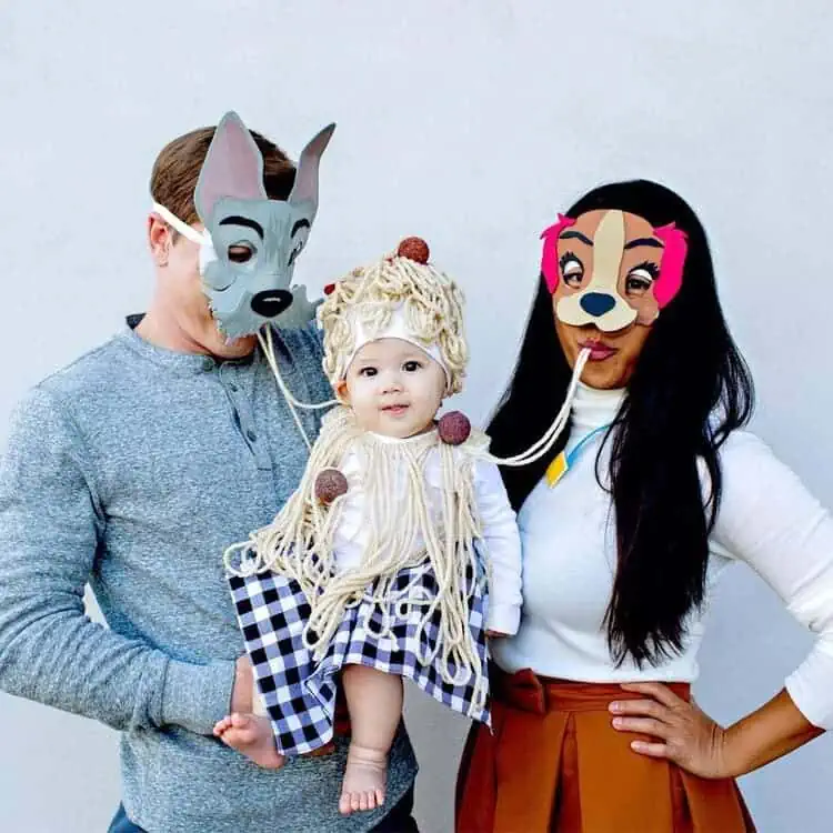 The Lady and The Tramp and The Famous Spaghetti Bowl mom dad and baby halloween costumes