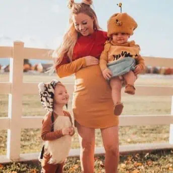 Winnie the Pooh with honey pot and tiger costumes for mom and kids for halloween