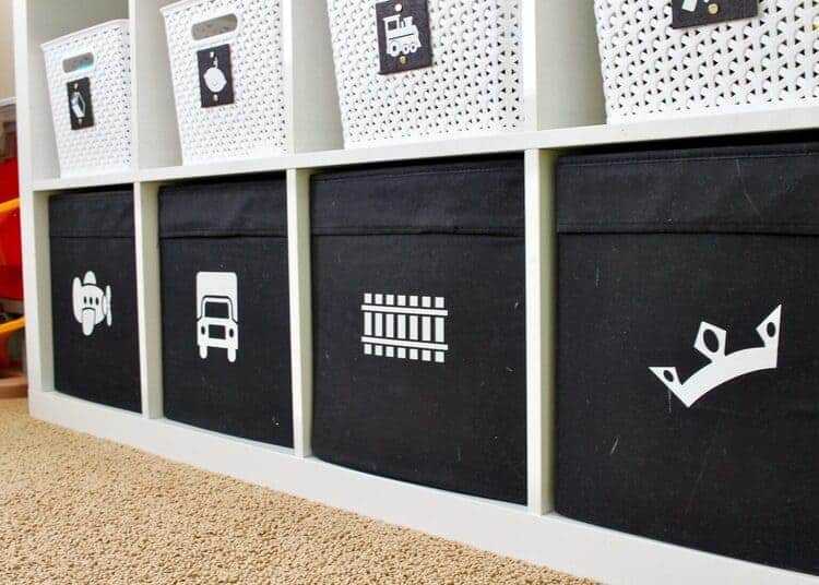 Plastic Baskets and Fabric Bins with Picture Labels toy storage idea for living room