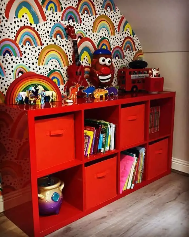 bright colored red Toy Storage With Fabric Storage Boxes