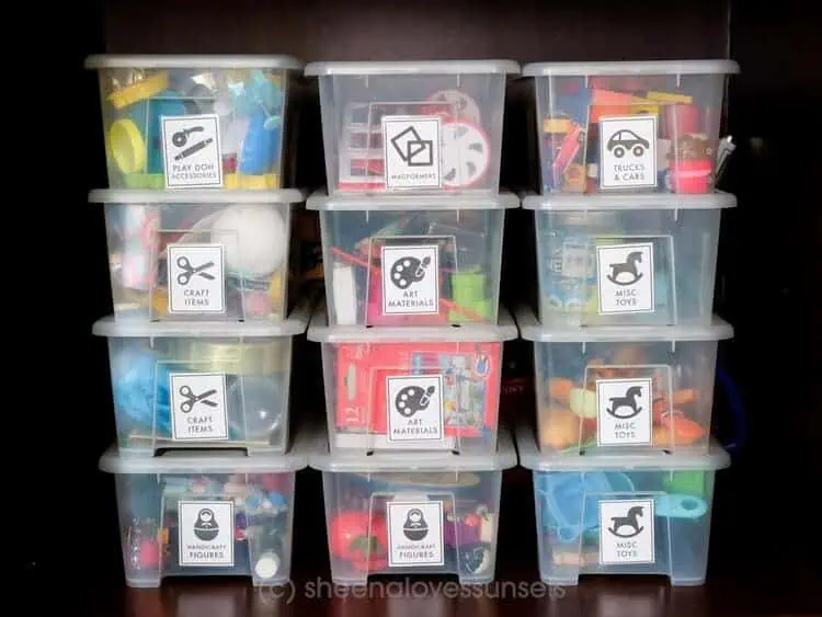 Secondary Toy Storage Area with Stackable Plastic Bins with labels