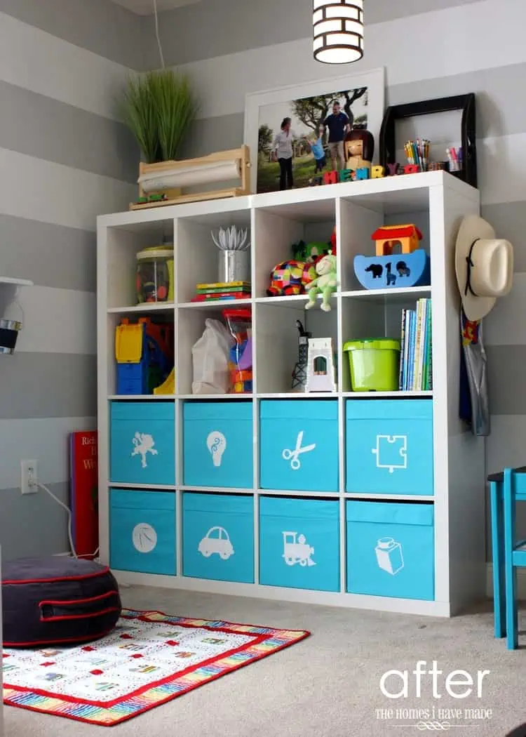 Toy Storage in an IKEA Expedit and blue fabric containers