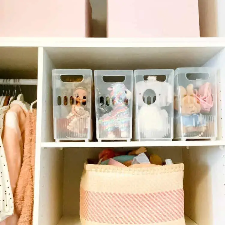 Shelves in the Closet with bins and baskets to store toys