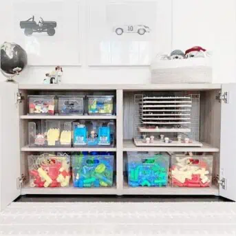 Clear Bins in the Drawers for toy storage in the living room