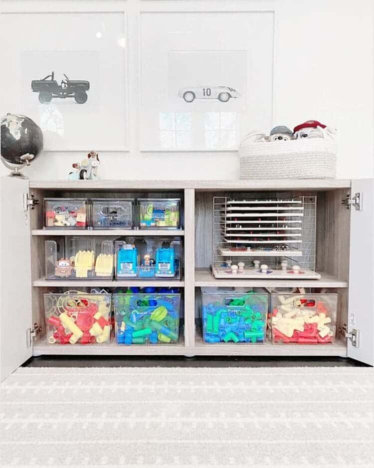Clear Bins in the Drawers for toy storage in the living room