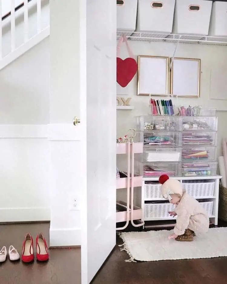 Clear Drawers and White Canvas Bins for the Ultimate Living Room Toy Organization