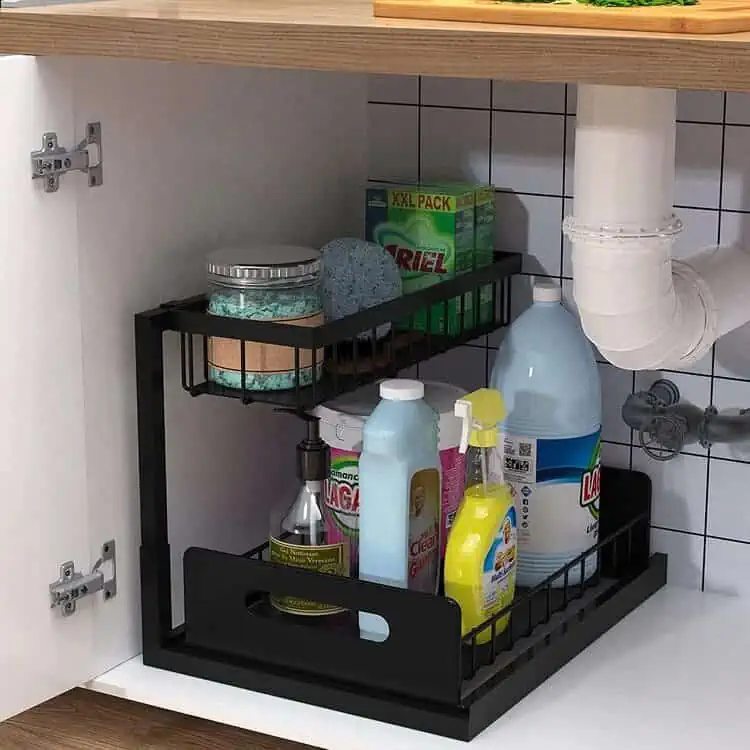 2-Tier Slide Out Sliding Shelf Under Cabinet Storage with cleaning supplies