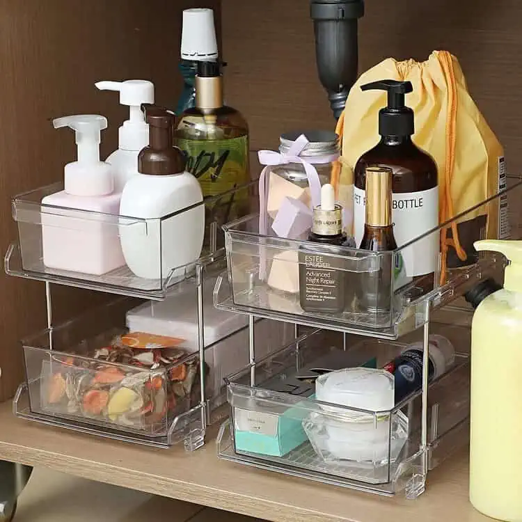 3 Tier Clear Bathroom Organizers 2 Pack, Pull Out Organizer and Storage  with 2 Cups, Slide Out Drawer Storage Container with 12 Dividers,  Multi-Purpose Bathroom Organizer, Kitchen Under Sink Organizer 