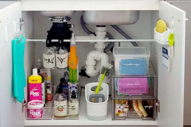 under the sink organization with tension rod and plastic containers