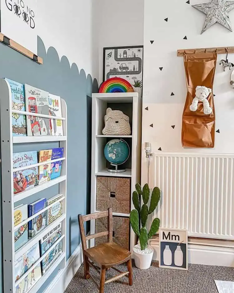 shelving for books and baskets for toy organization