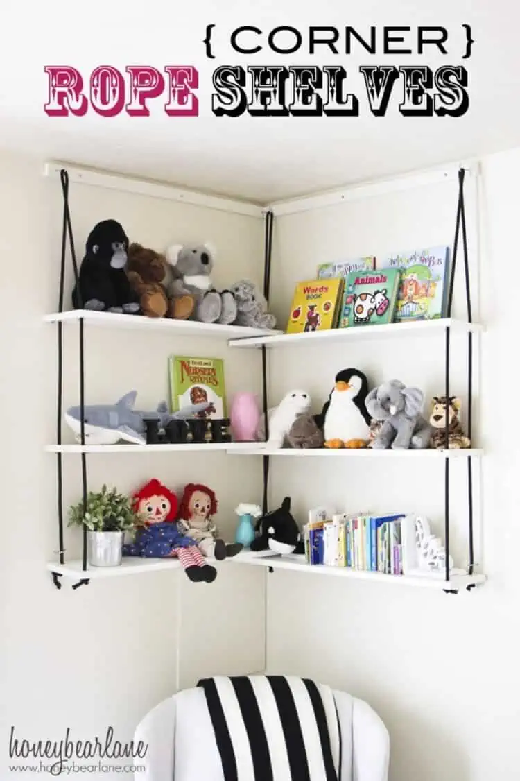 DIY corner rope shelves for toy organiation