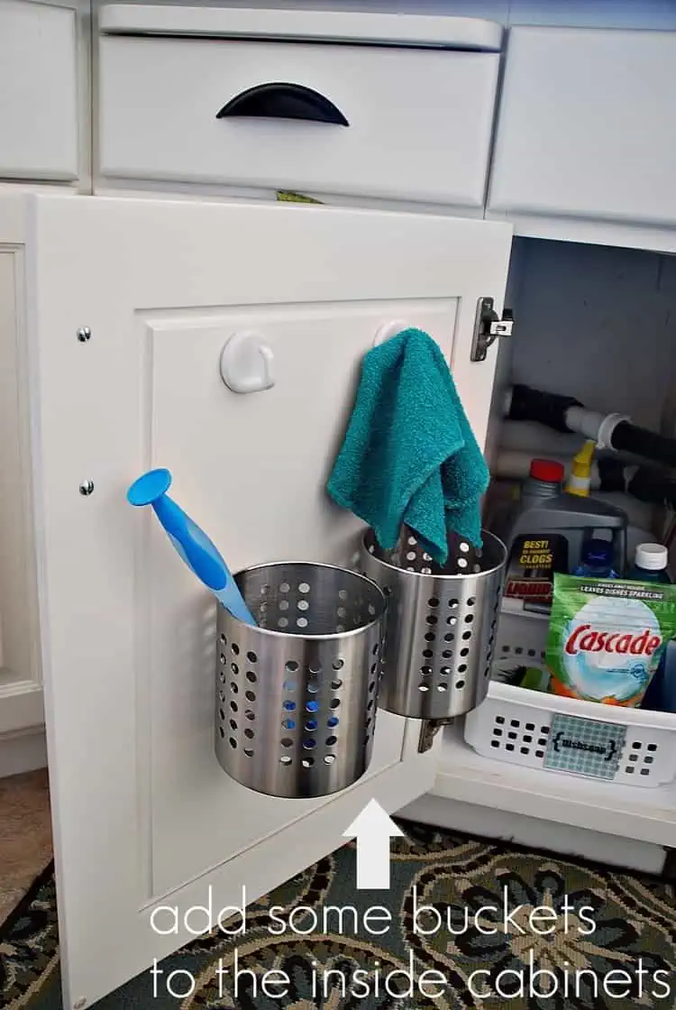 Install Small Buckets as Cabinet Door Organizers