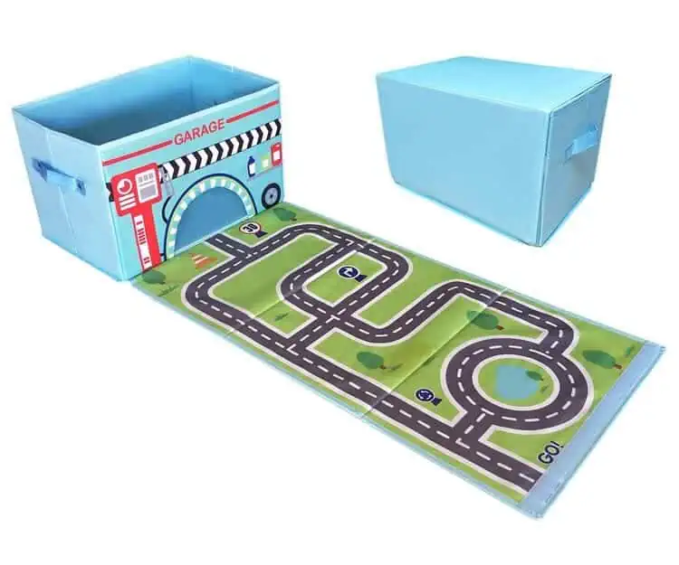 Toy storage box with car rug play mat