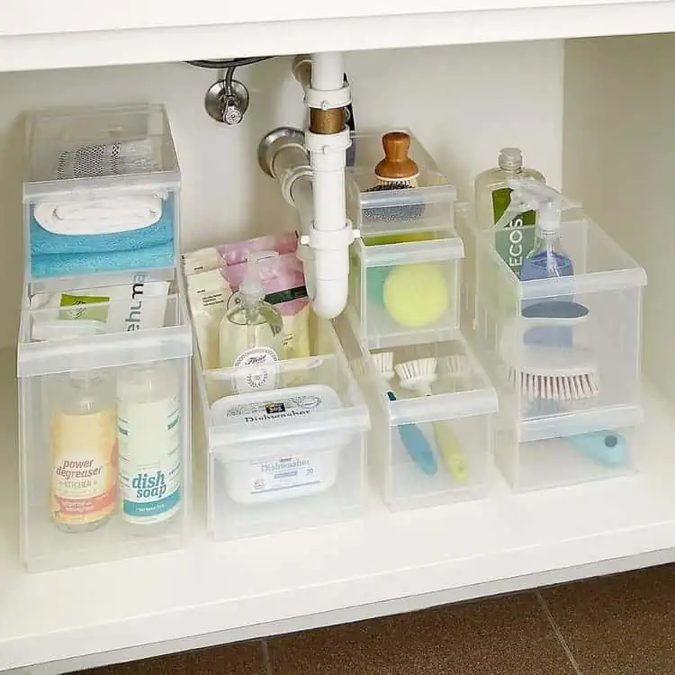 Stackable Plastic Bins to organize under the bathroom sink