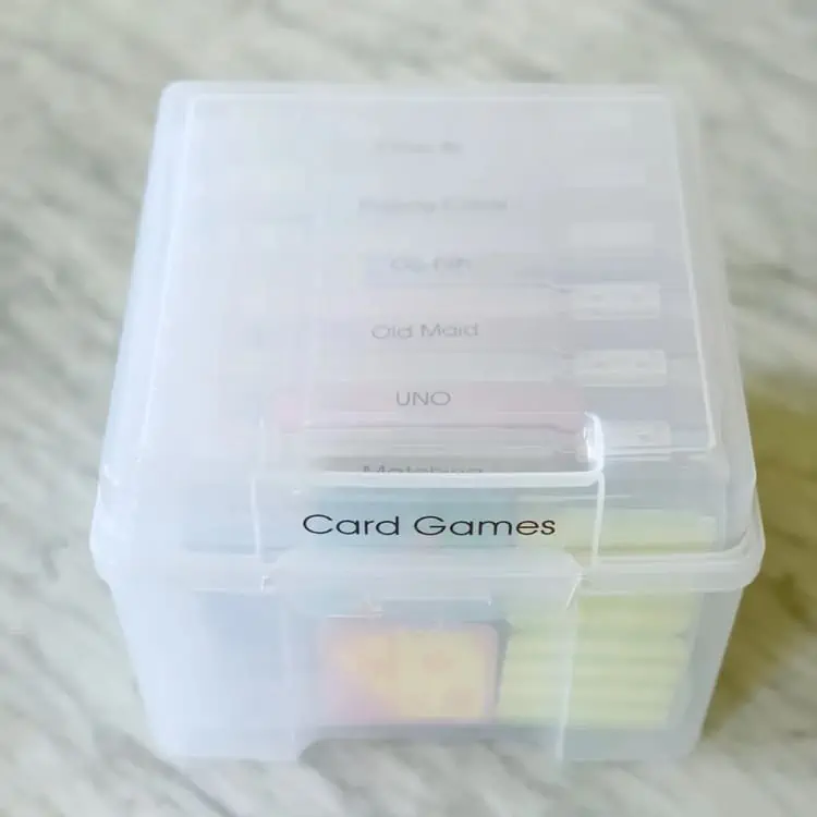 toy organization ideas plastic container card games storage