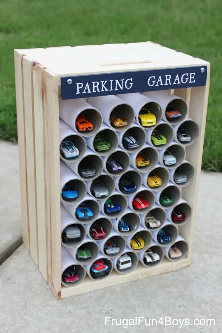 DIY Wooden Crate parking garage toy organization Storage and Display for Hot Wheels Cars