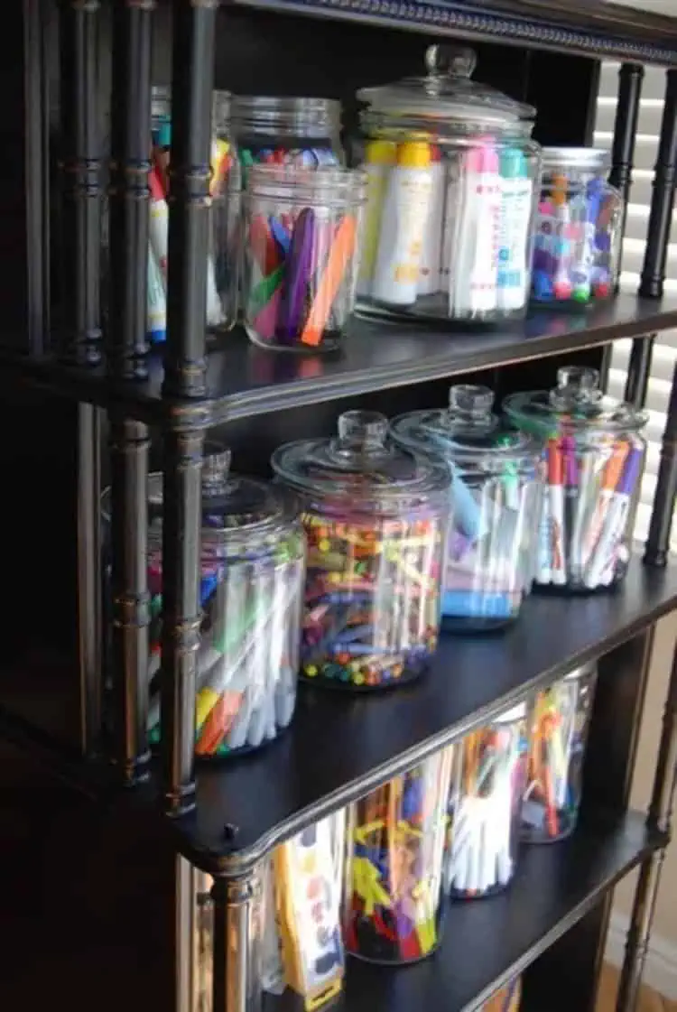 Baskets and clear Glass Jars for Art Supplies