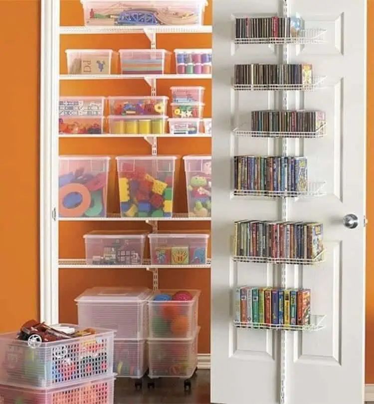 Toy Closet Organization With Plastic Boxes and Wire Baskets With Chalkboard Labels