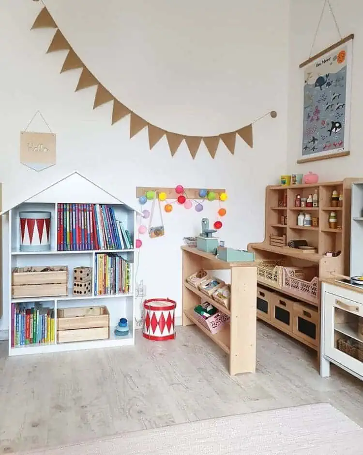 play kitchen and books toy organization