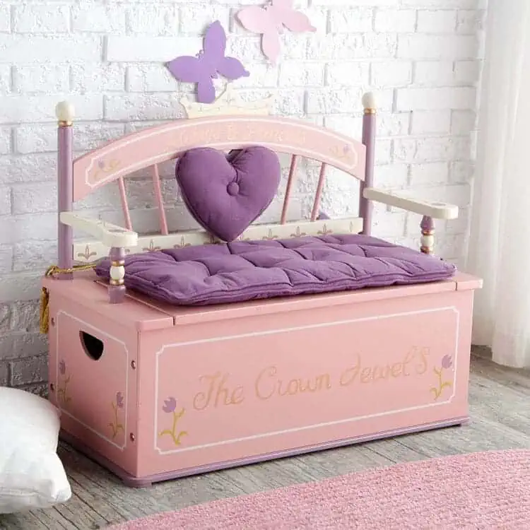 Luxurious and exquisite bench with storage underneath is perfect for toy organization for the modern girls room