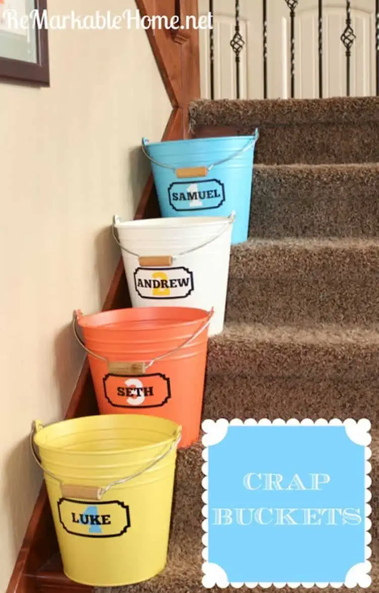 multiple kids Toy Organization with Crap Buckets