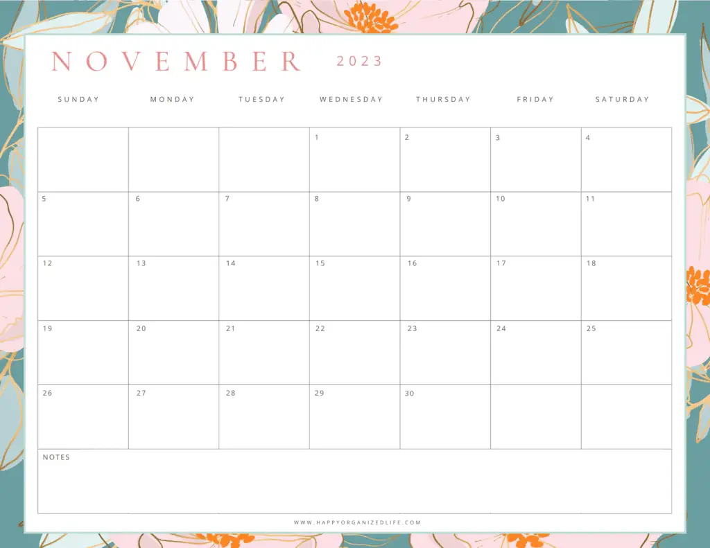 November 2023 Calendar Pastel Pink and Green Design