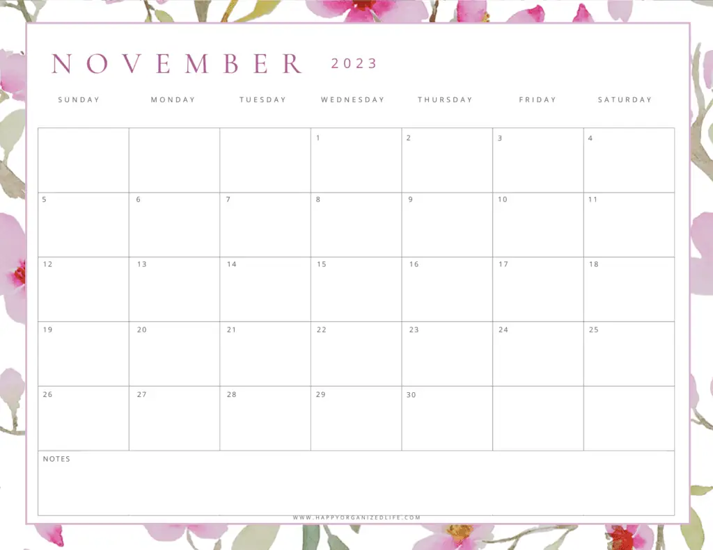 November 2023 Calendar Pastel Pink and Purple Design