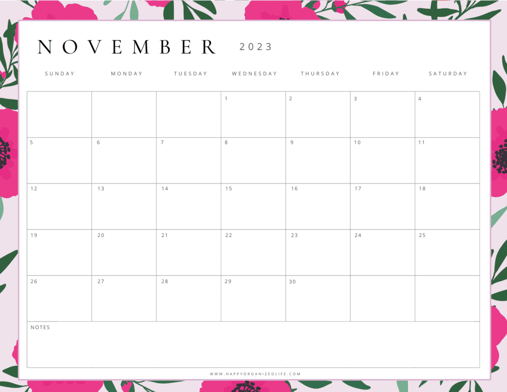 November 2023 Calendar Hot Pink Floral Design