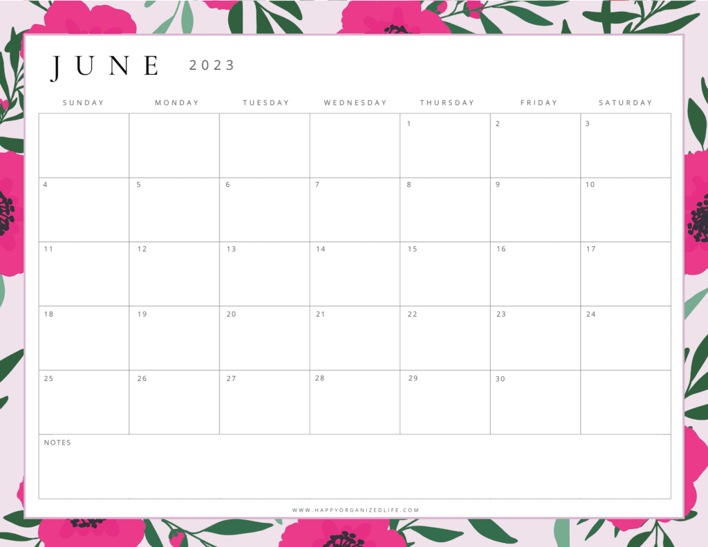June 2023 Calendar Hot Pink Floral Design