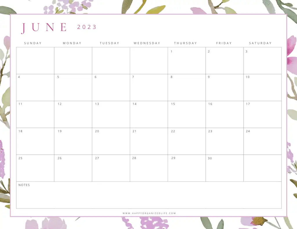 June 2023 Calendar Lavender and Green Floral Design