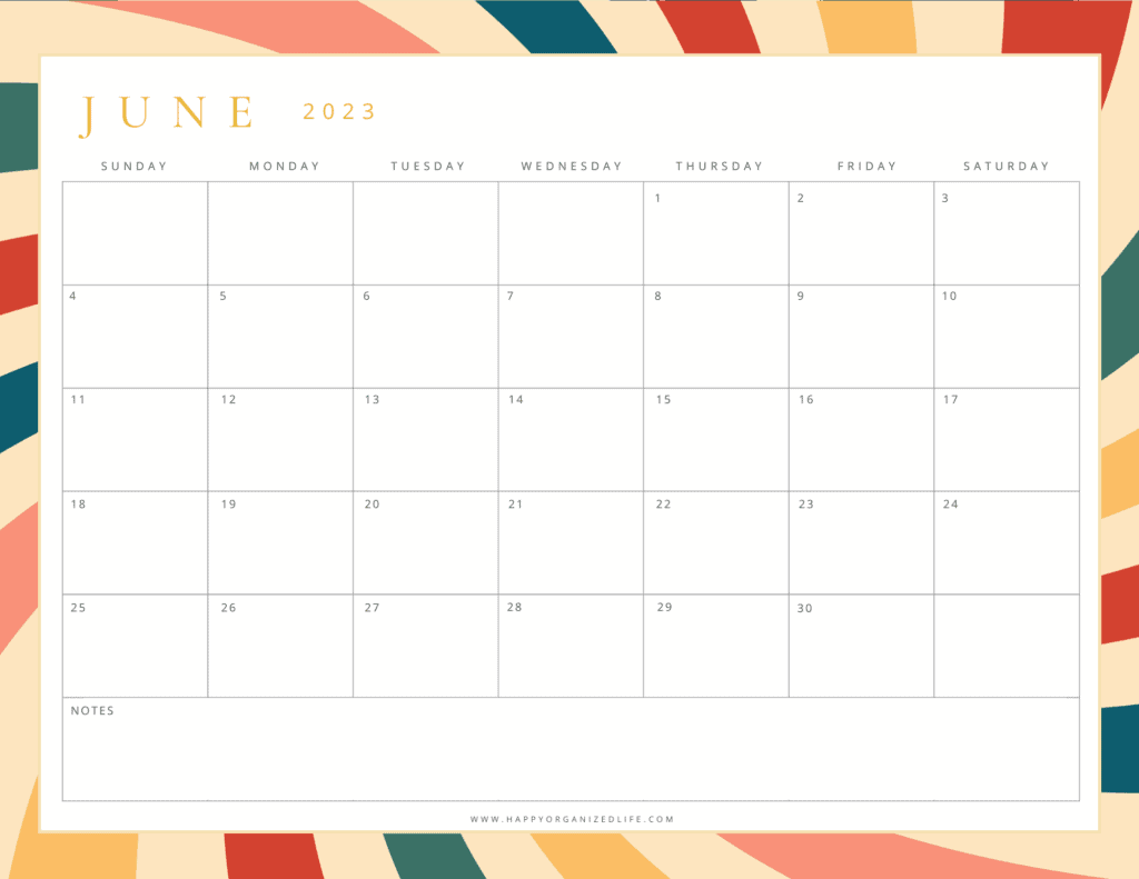 June 2023 Calendar Red Orange and Green Stripe Design