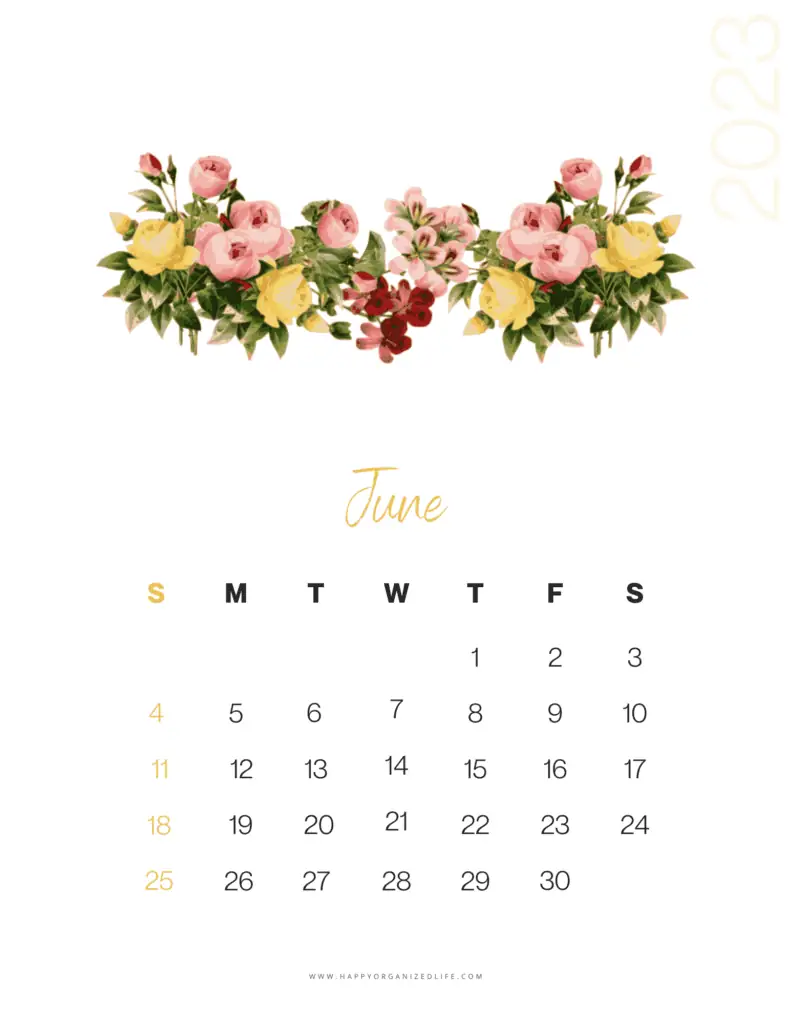 June 2023 Calendar Rose Border Design