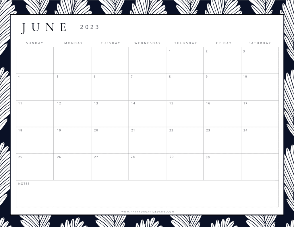 June 2023 Calendar Black and White Leaf Design