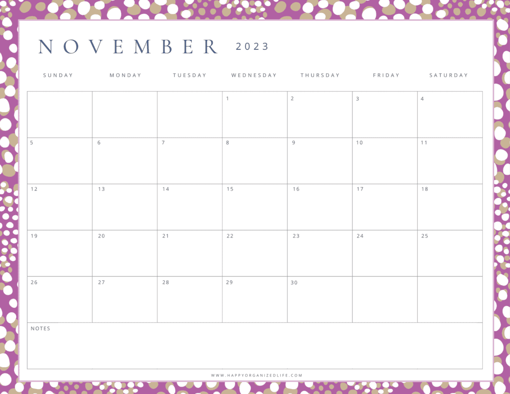 November 2023 Calendar Purple Geometric Design