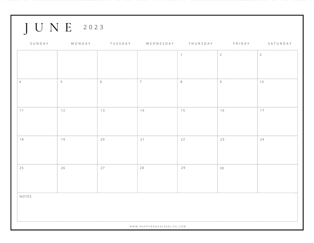 June 2023 Calendar Black and White Minimalist Design