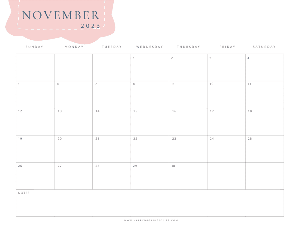 November Minimalist Blush Calendar