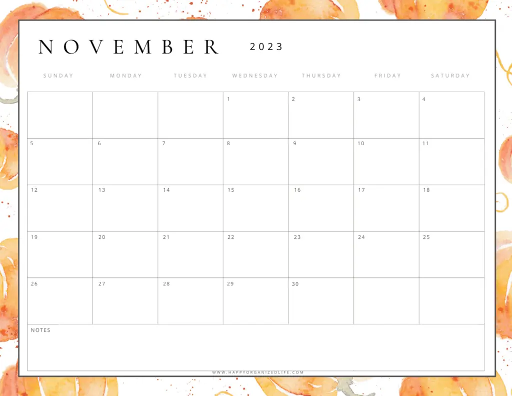 November 2023 Calendar pumpkin design