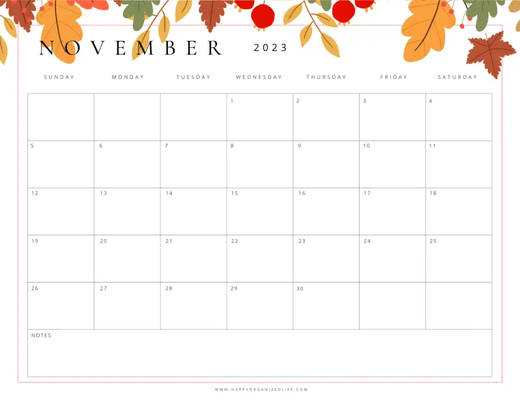 November 2023 Calendar - Fall leaves