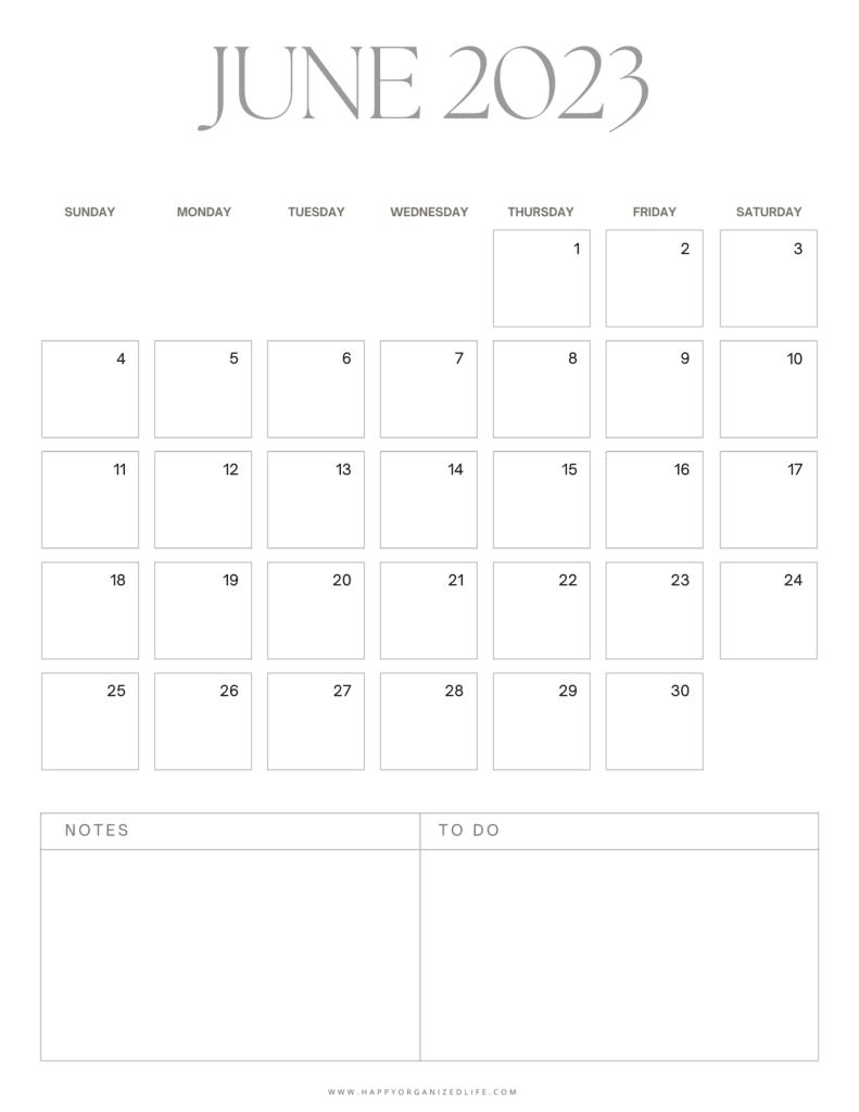 June 2023 Calendar Minimalist with Notes Design