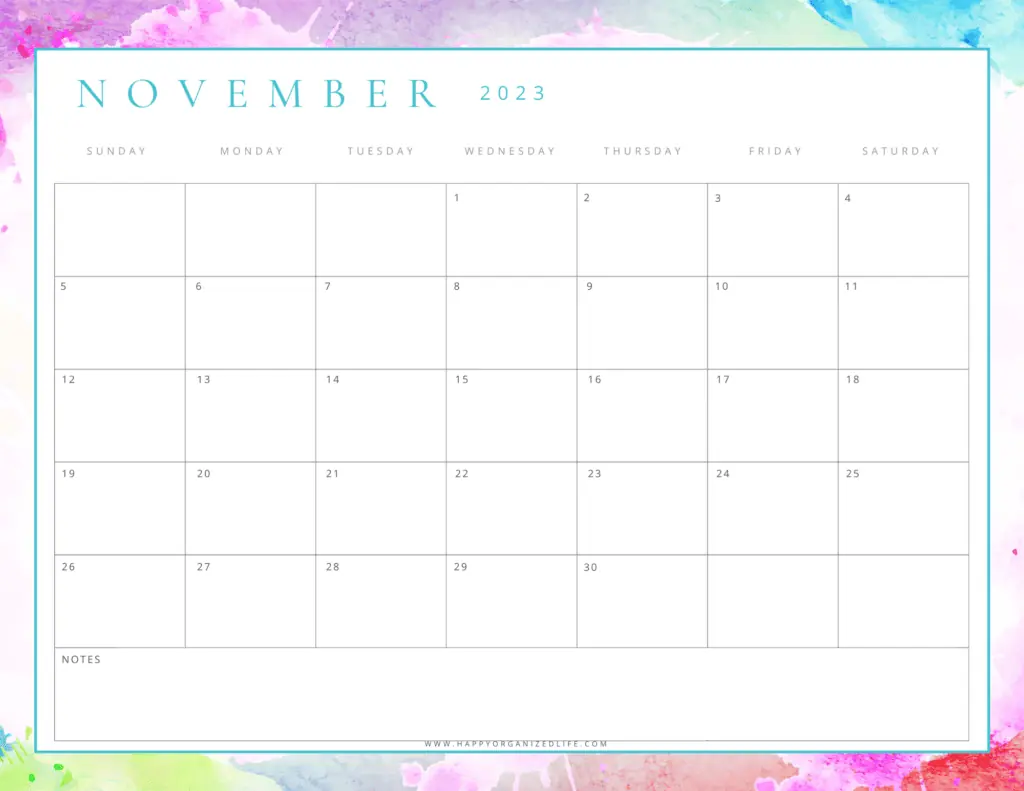 November 2023 Calendar Watercolor Design