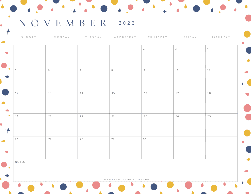 November 2023 Calendar Colorful Circle Border